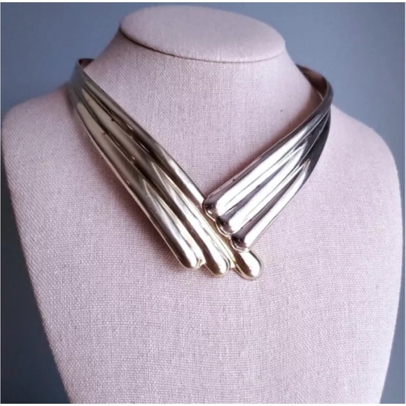 Taxco Mexico Sterling Silver Torc Necklace V Shaped Choker Collar 15-inch 76g - Picture 15 of 15